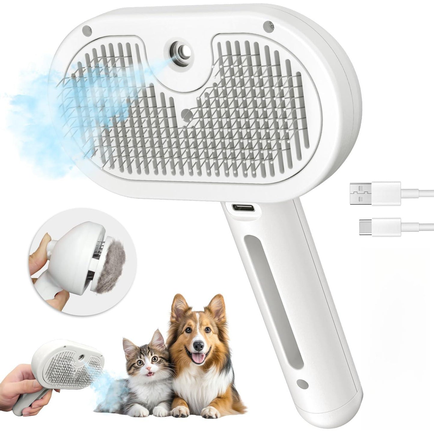 Steam Brush for Shedding, 3 In 1 Steam Cat Brush Self Cleaning Dog Brush for Long and Short Hair Dogs and Cats Pet Grooming Comb Remove Tangled Loose Hair (White)