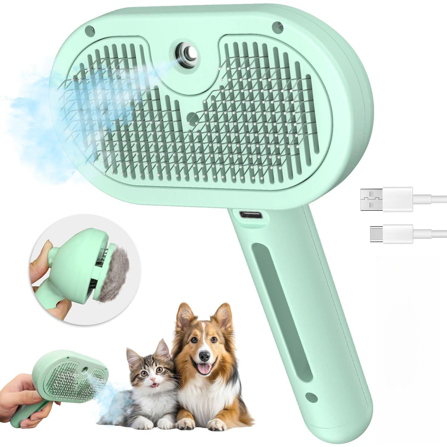 Steam Brush for Shedding, 3 In 1 Steam Cat Brush Self Cleaning Dog Brush for Long and Short Hair Dogs and Cats Pet Grooming Comb Remove Tangled Loose Hair (White)