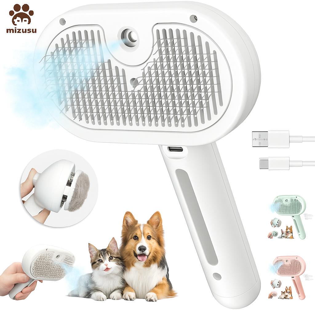 Steam Brush for Shedding, 3 In 1 Steam Cat Brush Self Cleaning Dog Brush for Long and Short Hair Dogs and Cats Pet Grooming Comb Remove Tangled Loose Hair (White)