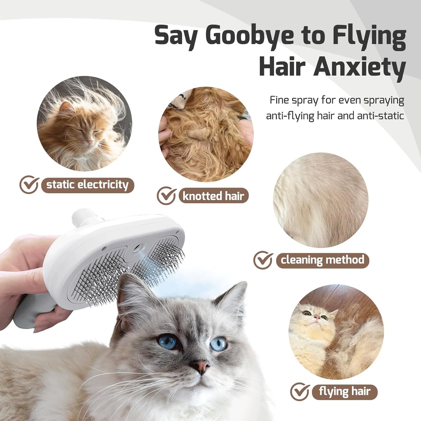 Steam Brush for Shedding, 3 In 1 Steam Cat Brush Self Cleaning Dog Brush for Long and Short Hair Dogs and Cats Pet Grooming Comb Remove Tangled Loose Hair (White)