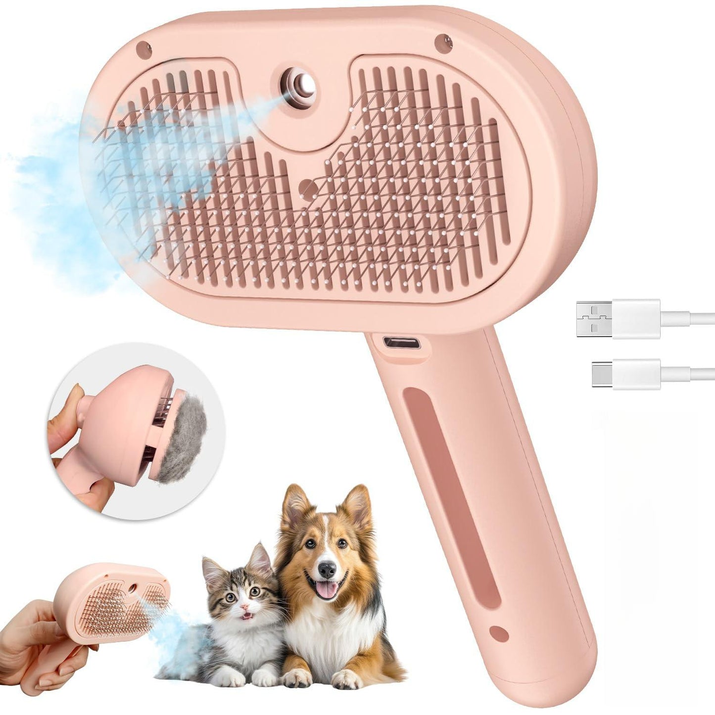Steam Brush for Shedding, 3 In 1 Steam Cat Brush Self Cleaning Dog Brush for Long and Short Hair Dogs and Cats Pet Grooming Comb Remove Tangled Loose Hair (White)